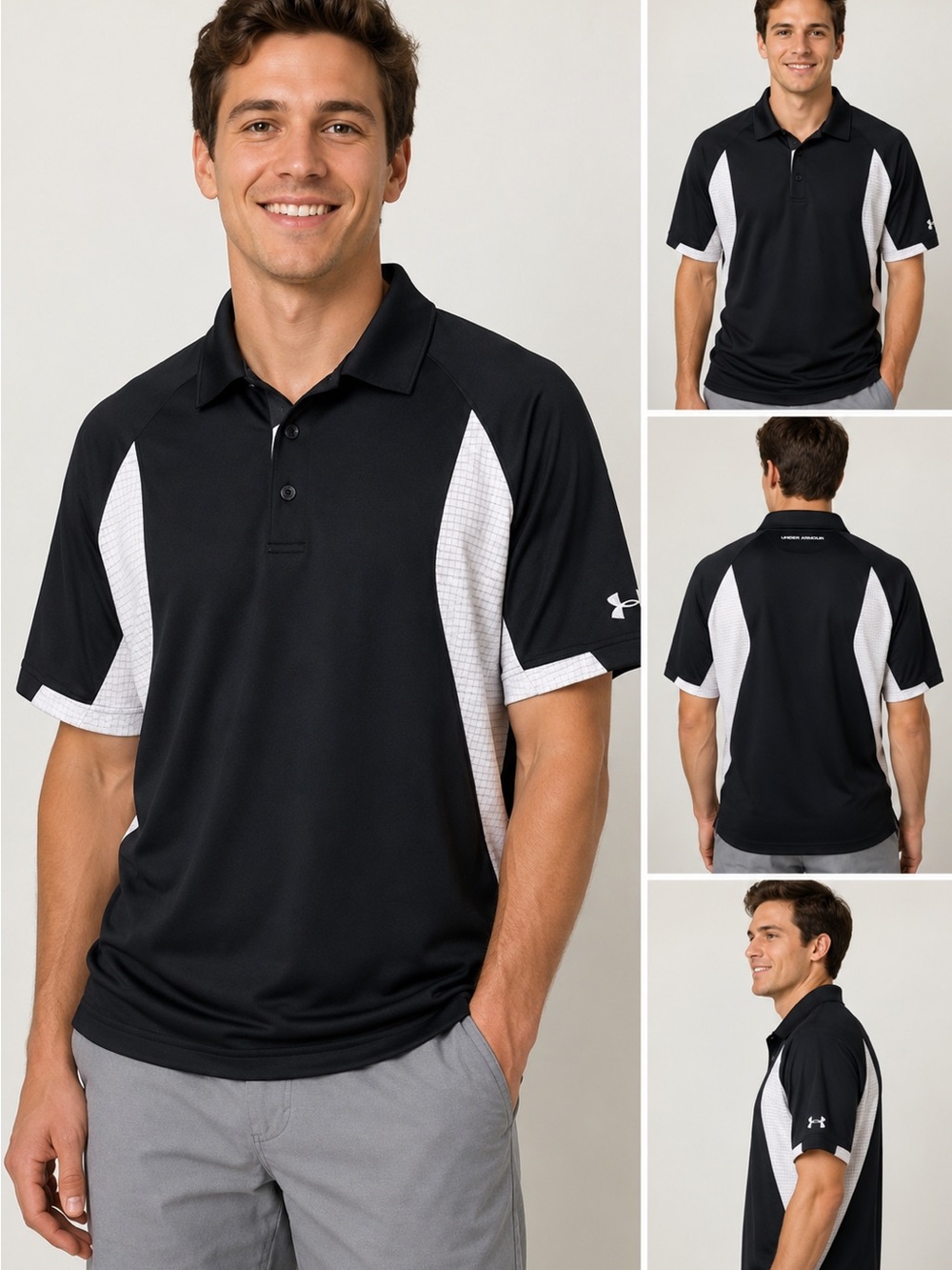 Under Armour HeatGear Polo Shirt Men's‎ LG Black White Golf Performance Athletic